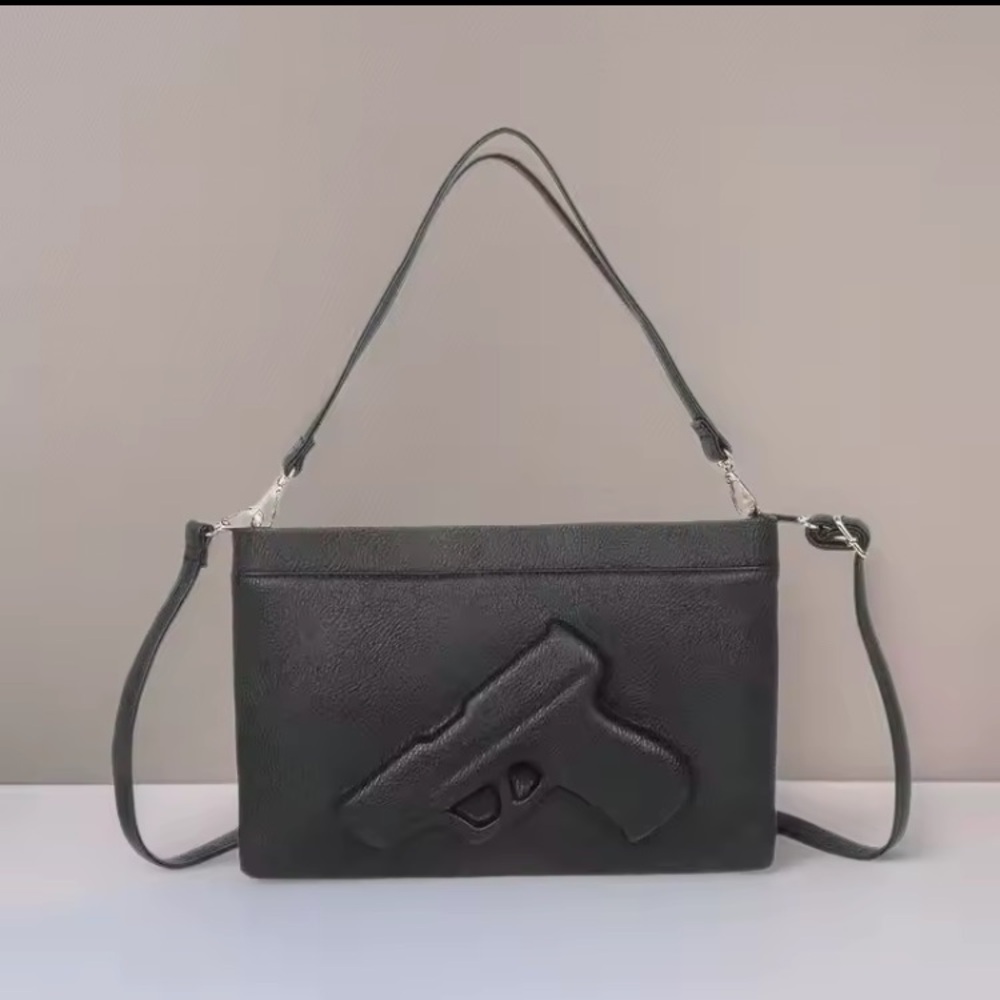 ❤️LAST ONE❤️ Black GUN Embossed Print GUARDIAN ANGEL Leather Crossbody Purse - Picture 5 of 12